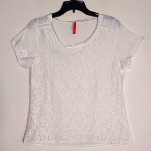 EUC Ruby Ribbon Women's Lace Semi Sheer Short Sleeve Top White Size XS